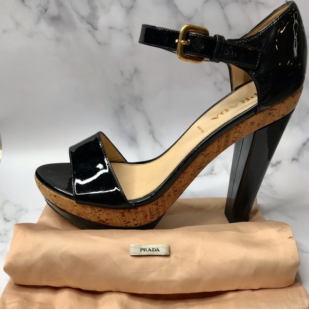 Black patent leather PRADA platform sandal US 7.5